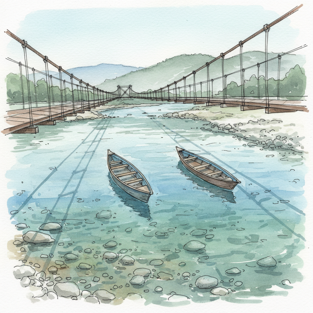 Looking down from the suspension bridge at Dawki through the crystal-clear Umngot River, boats floating above the visible riverbed