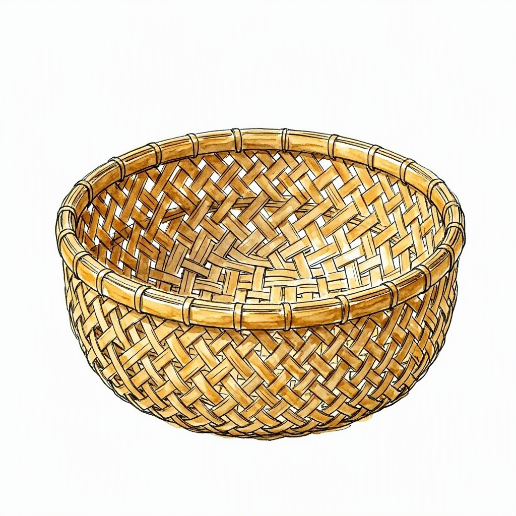 A tightly woven Jaintia cane basket, amber-coloured, with visible cross-hatch weave pattern