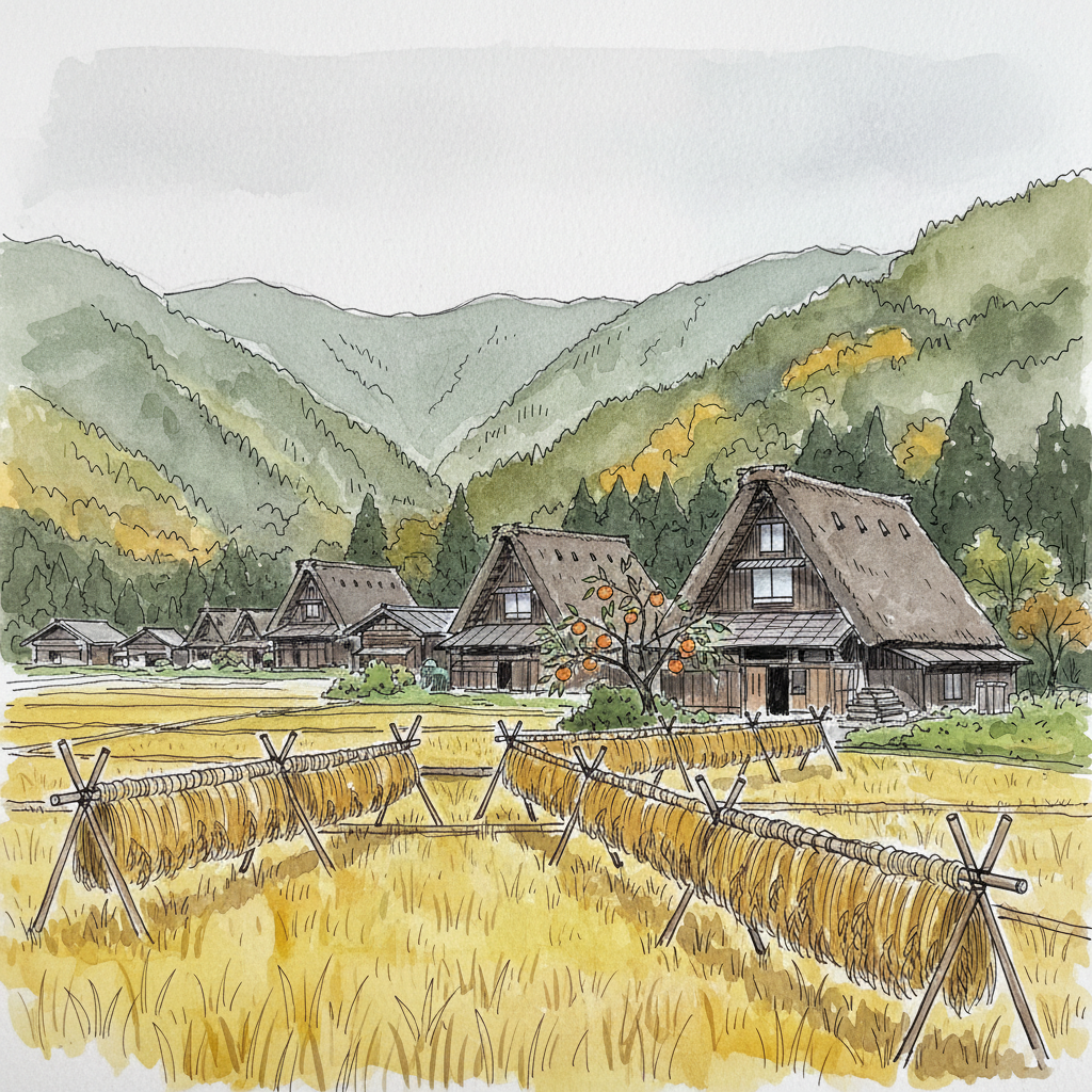 Golden rice fields in autumn, gassho farmhouses in the valley, mountains showing first autumn colours, all under a grey overcast sky