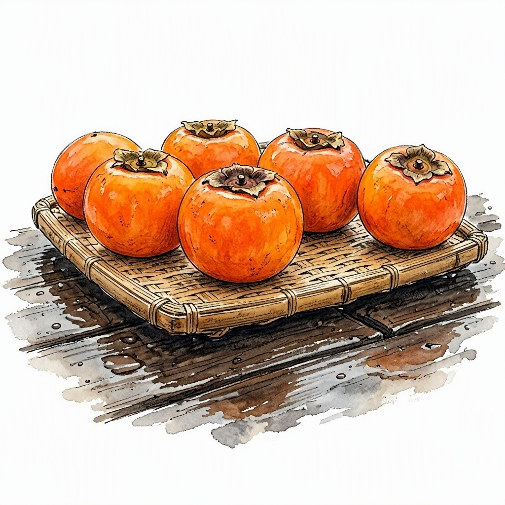 Bright orange persimmons laid out on a bamboo tray on a wooden veranda