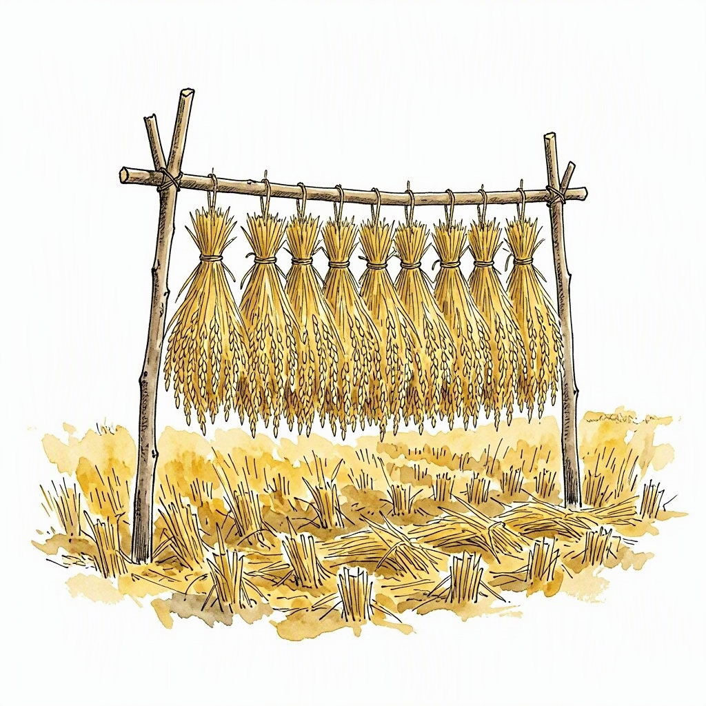 Rice sheaves tied and hung upside down from a wooden frame in a golden field