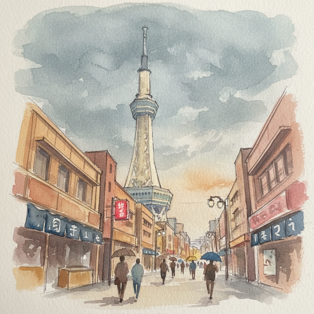 Watercolor sketch of Tsutenkaku tower rising above Shinsekai's retro streets in a humid late-afternoon light