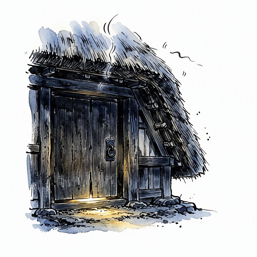 A closed wooden door of a gassho farmhouse with sound of drum coming from within