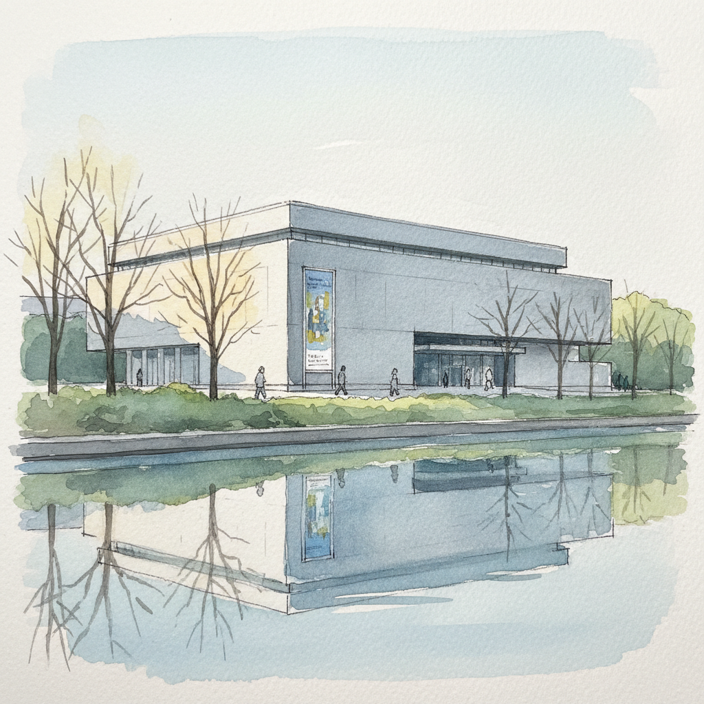 Watercolor sketch of the Nakanoshima Museum of Art building on its river island