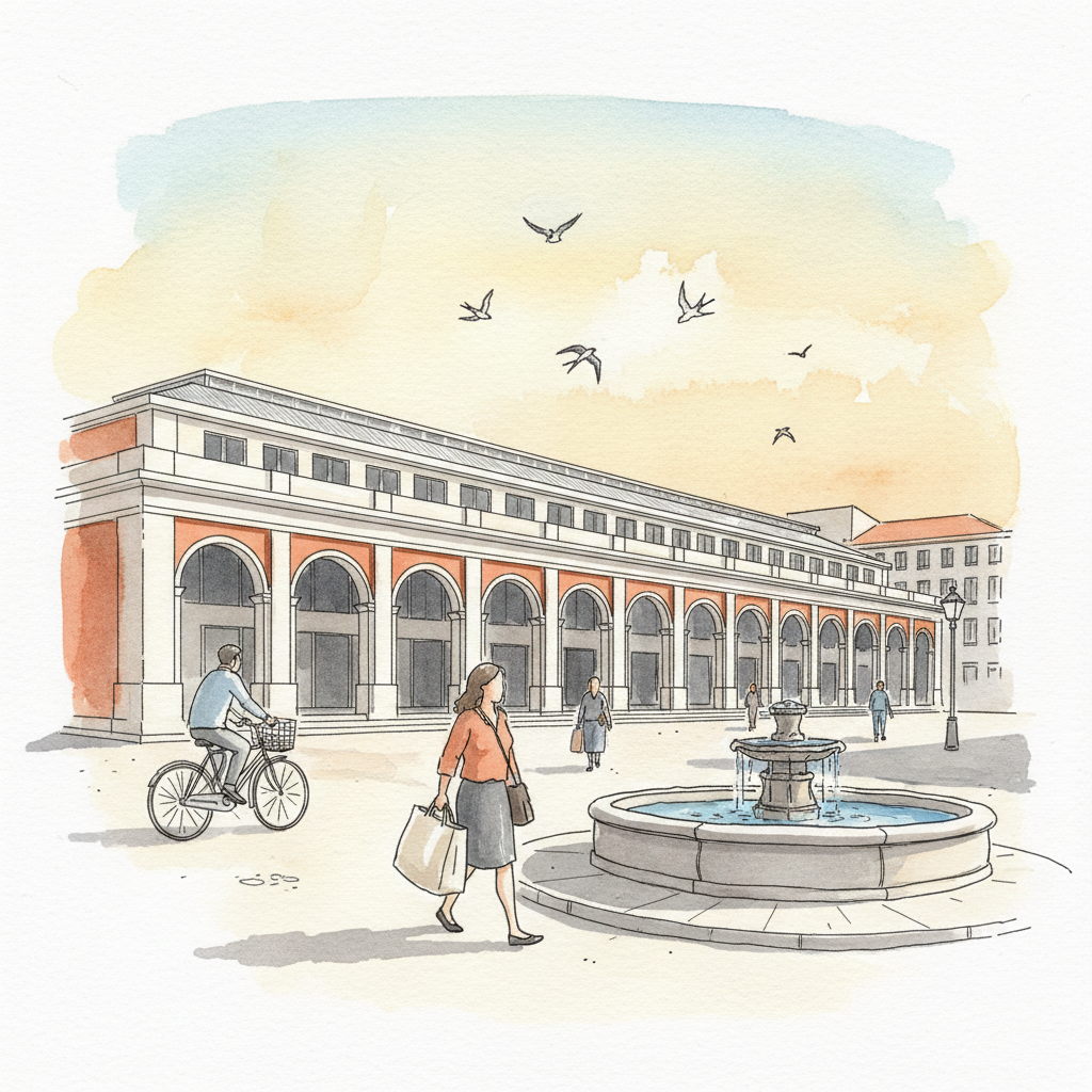 Watercolour sketch of the Mercado do Livramento market building in Setúbal at golden hour, with a fountain in the foreground and swallows in the sky