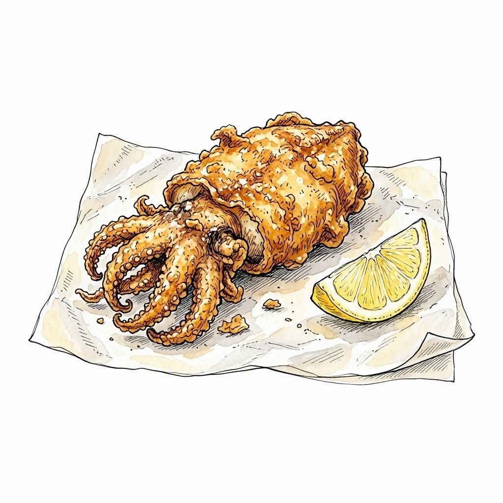 Ink spot drawing of a whole fried cuttlefish on waxed paper with a lemon wedge