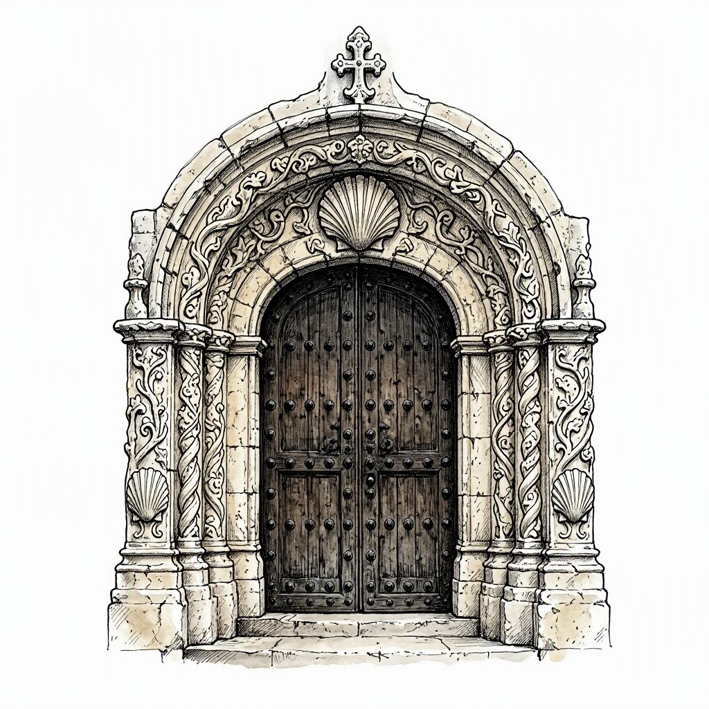 Ink spot drawing of the Manueline stone portal of Convento de Jesus in Setúbal