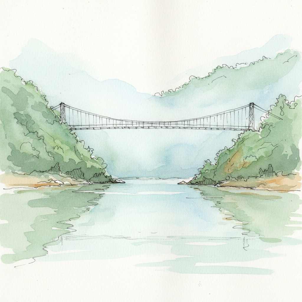 A watercolour sketch of the Umngot River at Dawki with mist rising and the old suspension bridge in the background.
