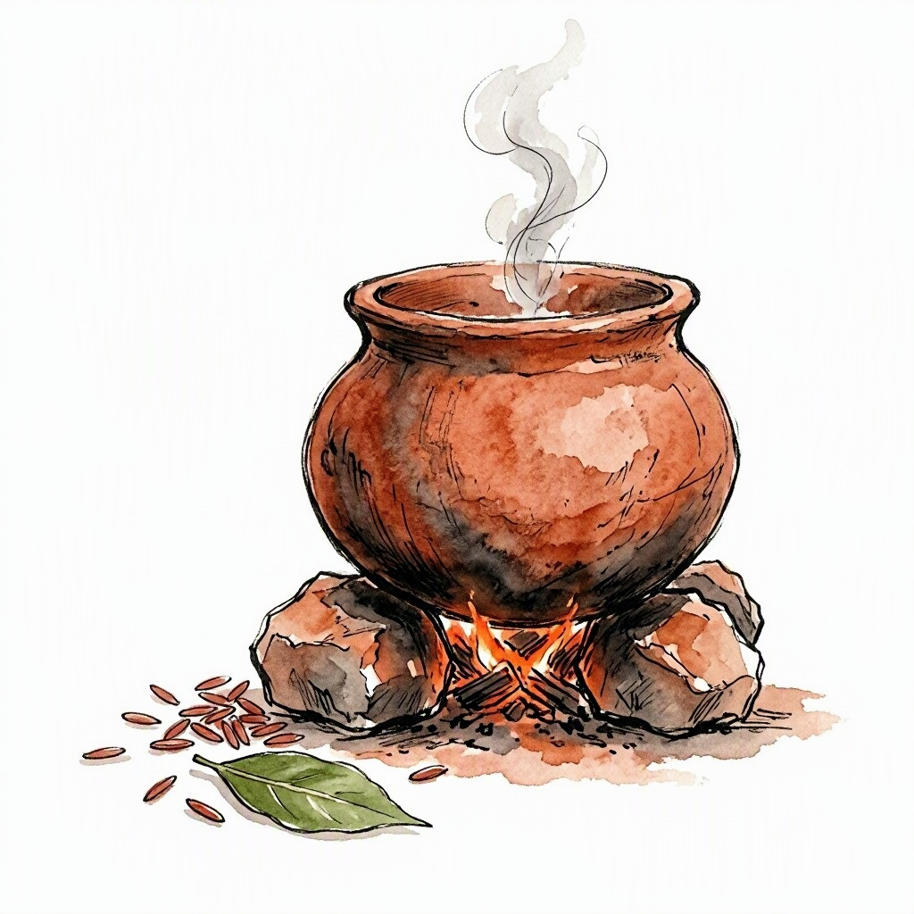 An ink and watercolour vignette of a clay cooking pot on fire with red rice grains and a bay leaf.
