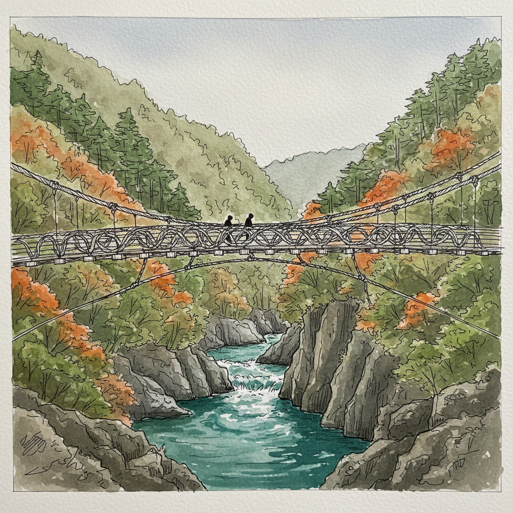 The Iya Kazurabashi vine bridge spanning a gorge in early autumn, woven vines and leaves turning gold and russet against the green mountain slope
