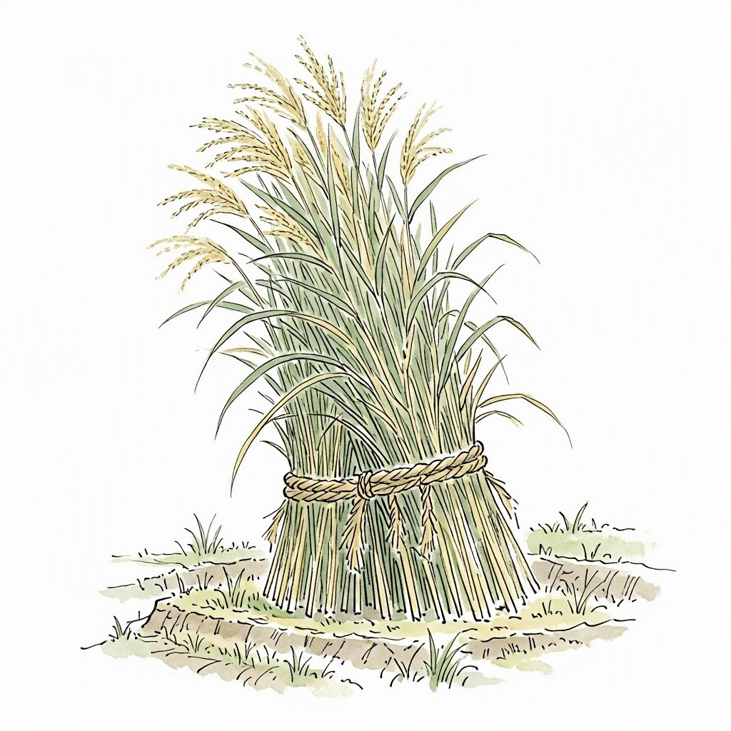A bundled pyramid of susuki grass in a terraced field