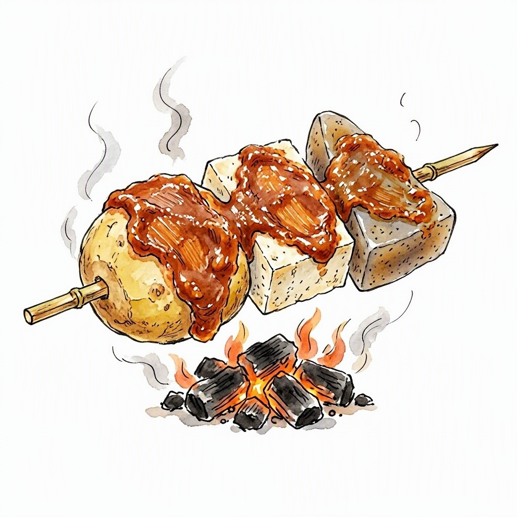 A dekomawashi skewer — potato, stone tofu, and konnyaku with miso, roasting over coals