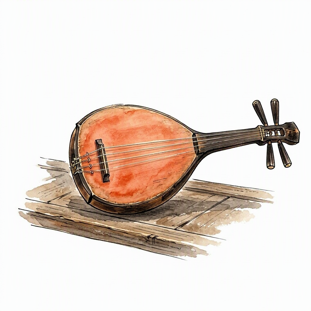 A traditional Heike biwa lute resting on a wooden veranda