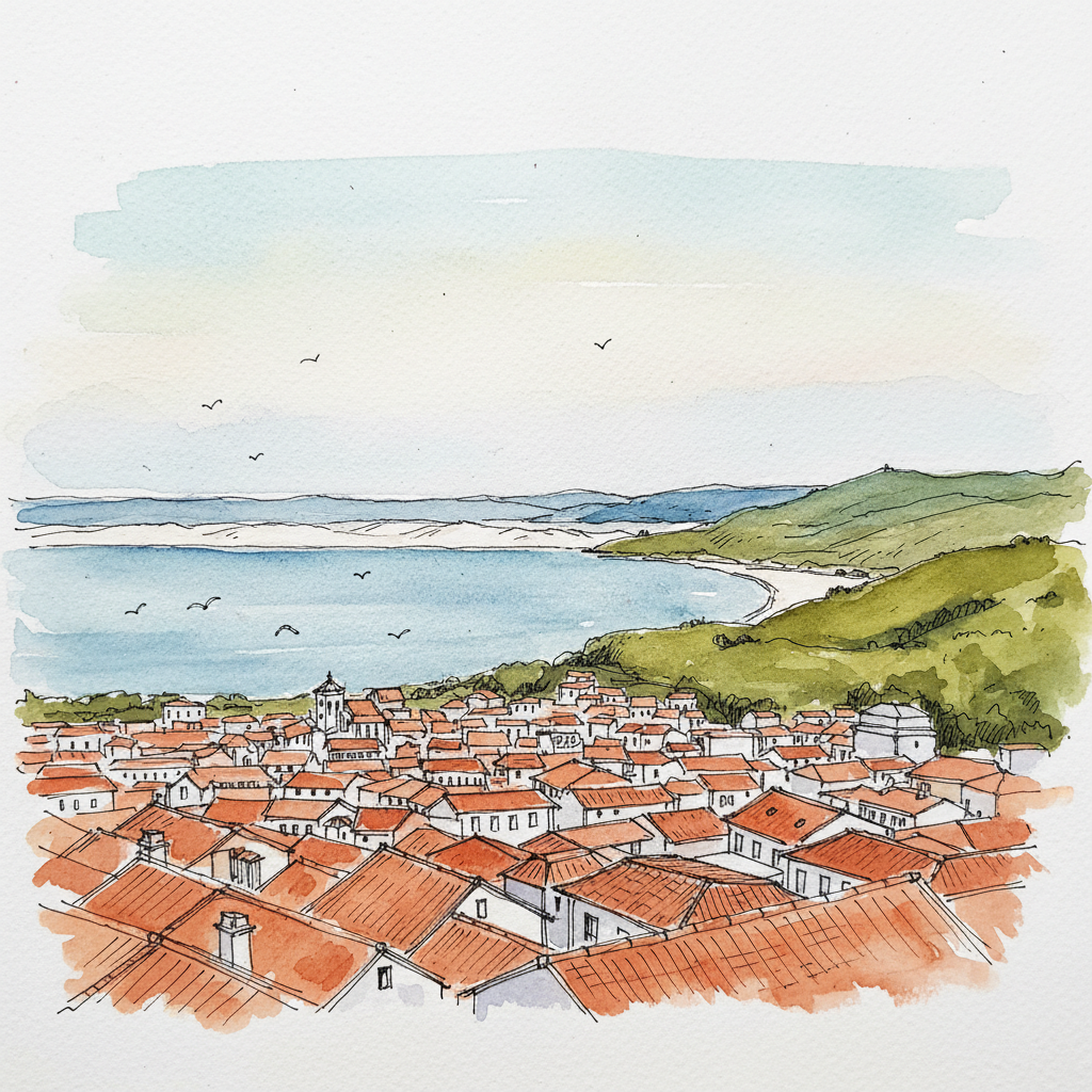 A watercolour panorama from the hill above Setúbal: rooftops in the foreground, the Sado estuary stretching out, the Arrábida hills beyond