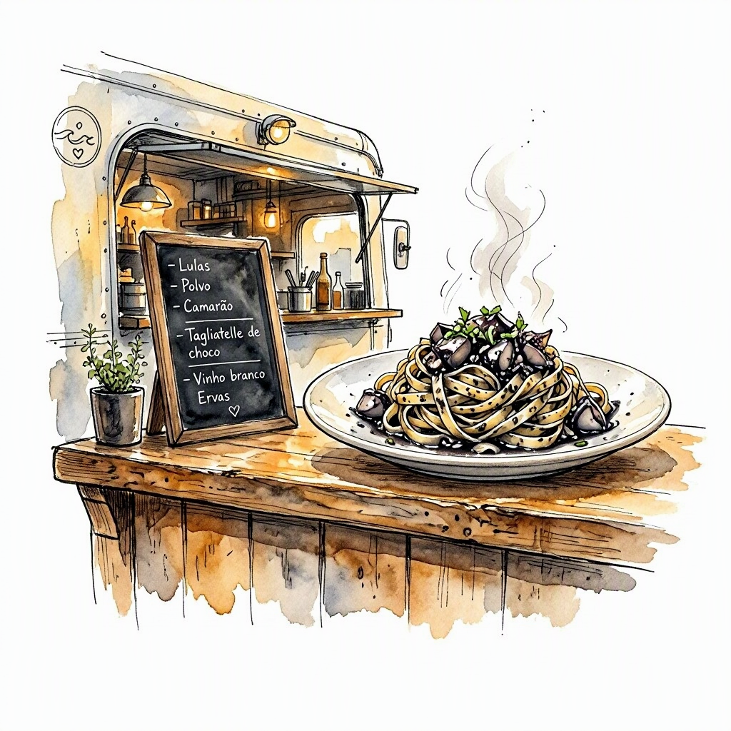 Ink drawing of a food truck counter at Mercado da Conceição with a plate of cuttlefish tagliatelle