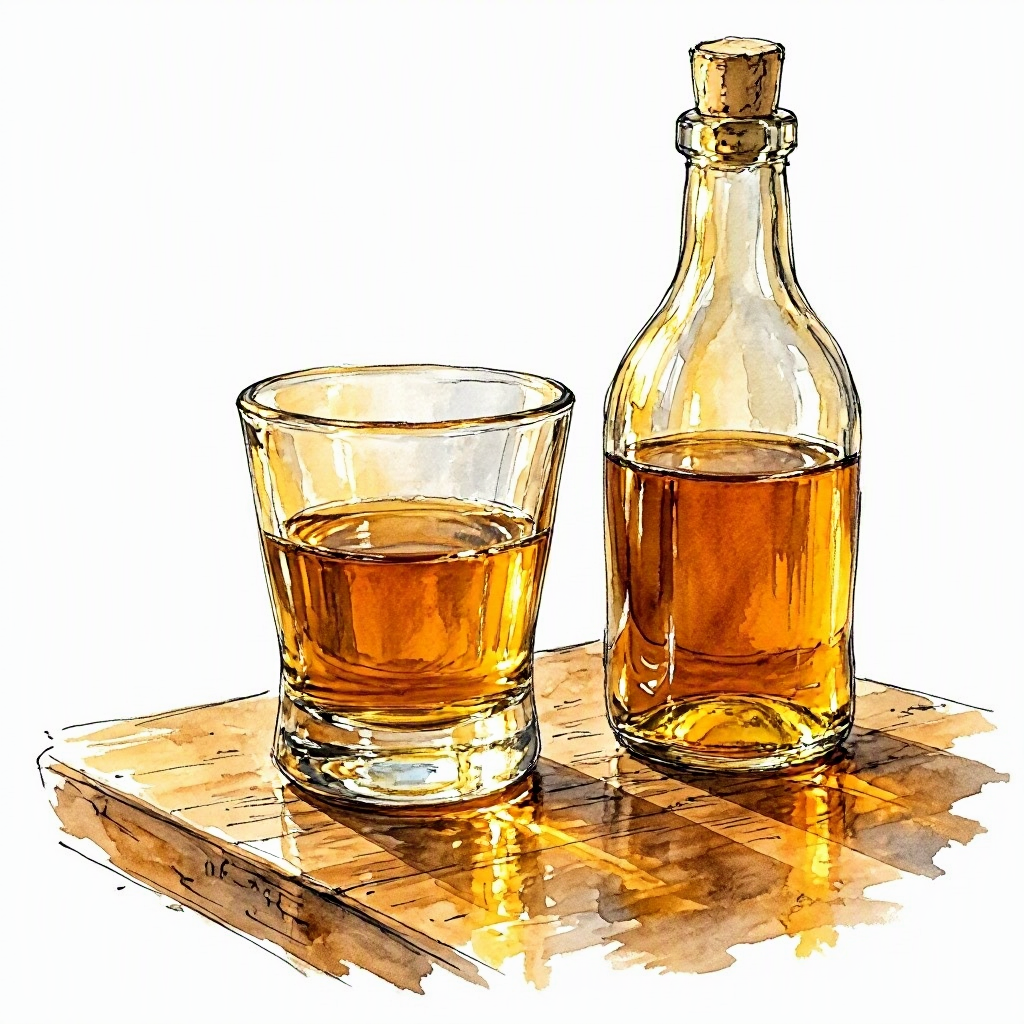 Ink drawing of a glass of Moscatel de Setúbal with a bottle beside it in late afternoon light