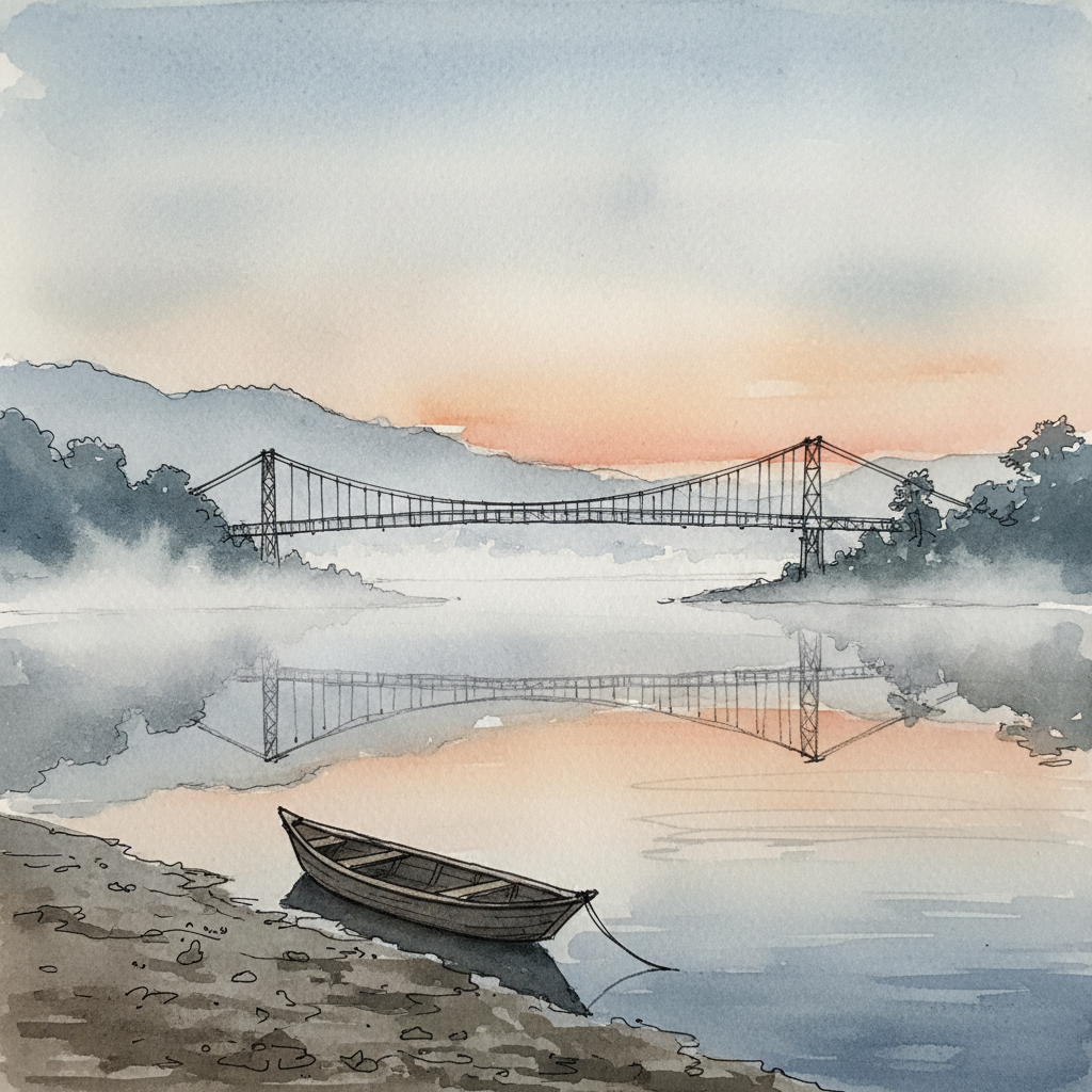 A loose watercolour sketch of the Umngot River at dawn, with mist hanging low over the water and the suspension bridge in silhouette against a pale orange sky. A wooden boat rests at the muddy bank.