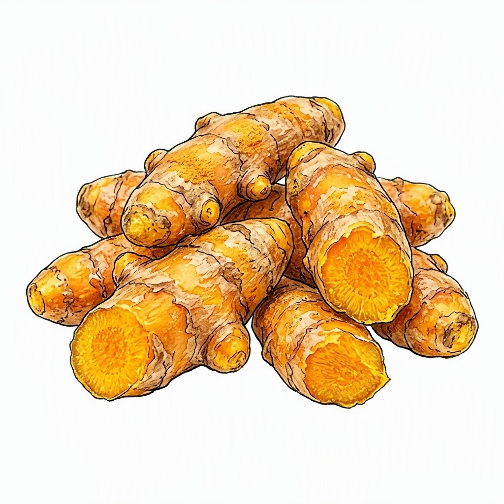 A small ink-and-watercolour vignette of Lakadong turmeric rhizomes, knobbly and ochre-gold, with pale dust clinging to the skin.