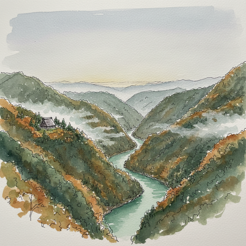 A watercolor sketch of the Iya River gorge viewed from the observatory, with mist rising between steep forested slopes in autumn.