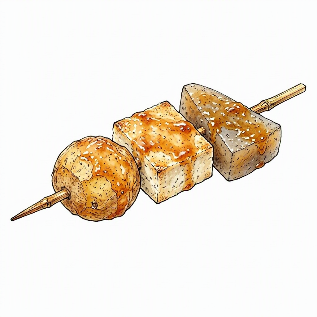 Ink vignette of dekomawashi — potato, stone tofu, and konnyaku skewered on bamboo with miso glaze.