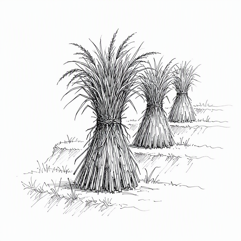 Ink vignette of bundled susuki grass pyramids stacked in a terraced field.
