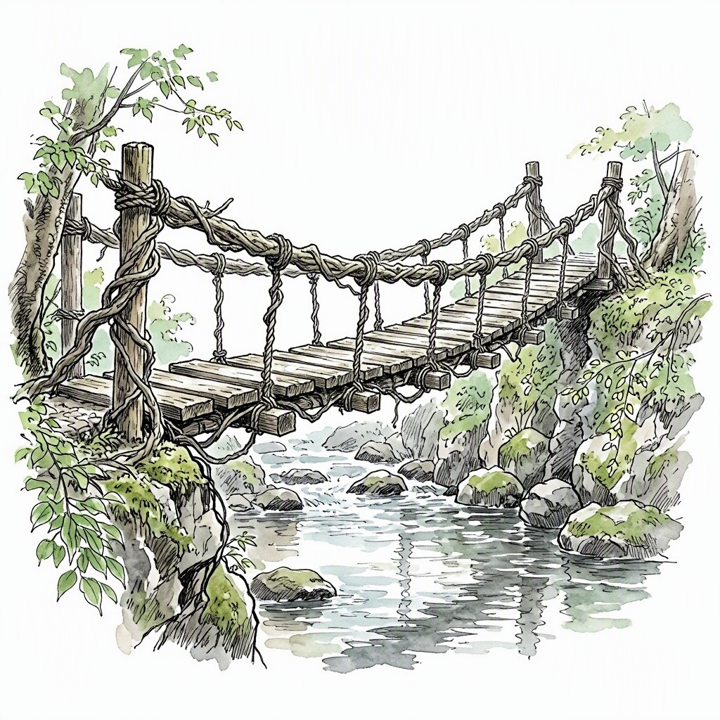 Ink vignette of the Iya vine bridge — twisted wisteria ropes, wooden planks, tied to a tree trunk.