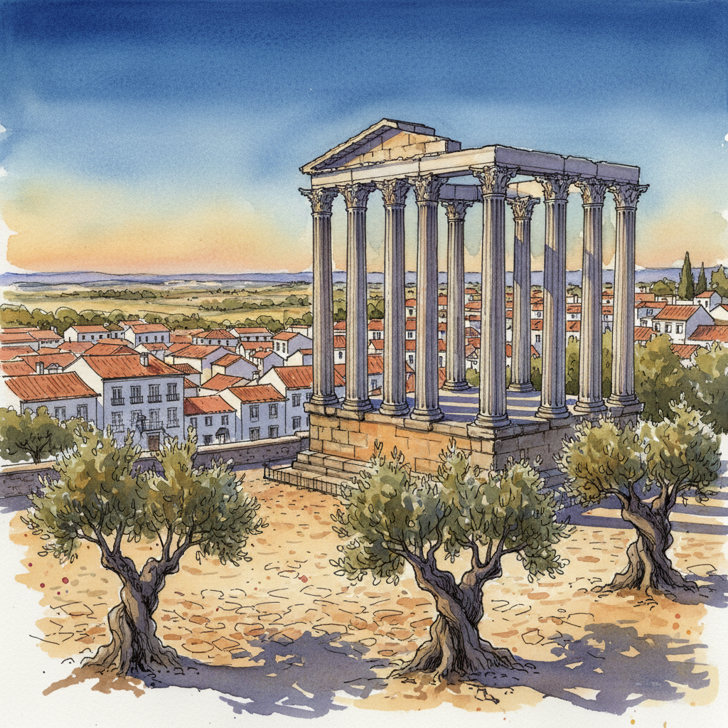 Watercolor of the Roman Temple of Évora at golden hour, with granite columns and the old city beyond