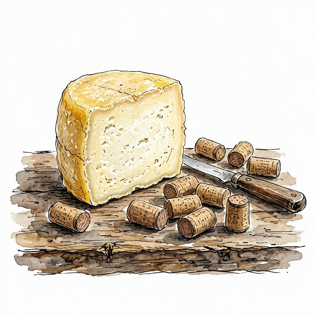 Ink vignette of Alentejo sheep cheese and cork stoppers on a market counter