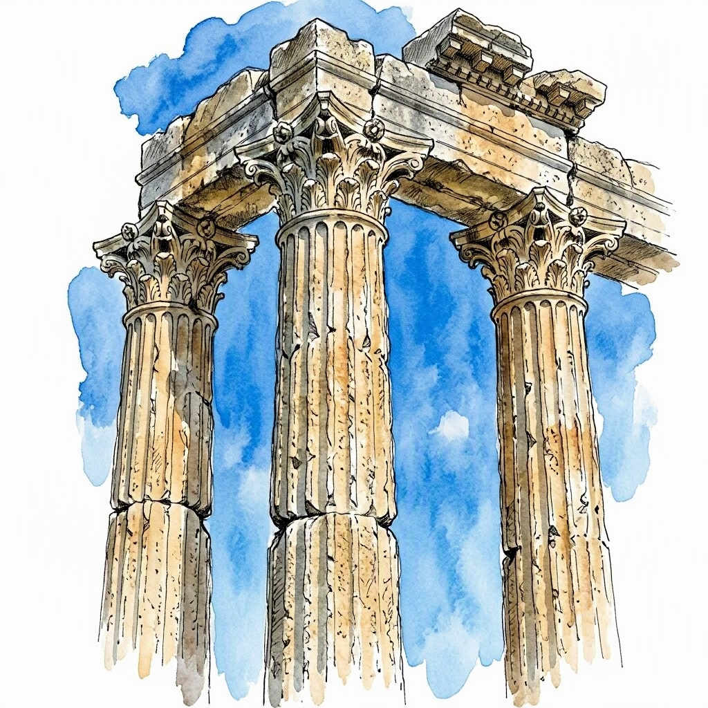 Ink and watercolour study of the Roman Temple columns against blue sky