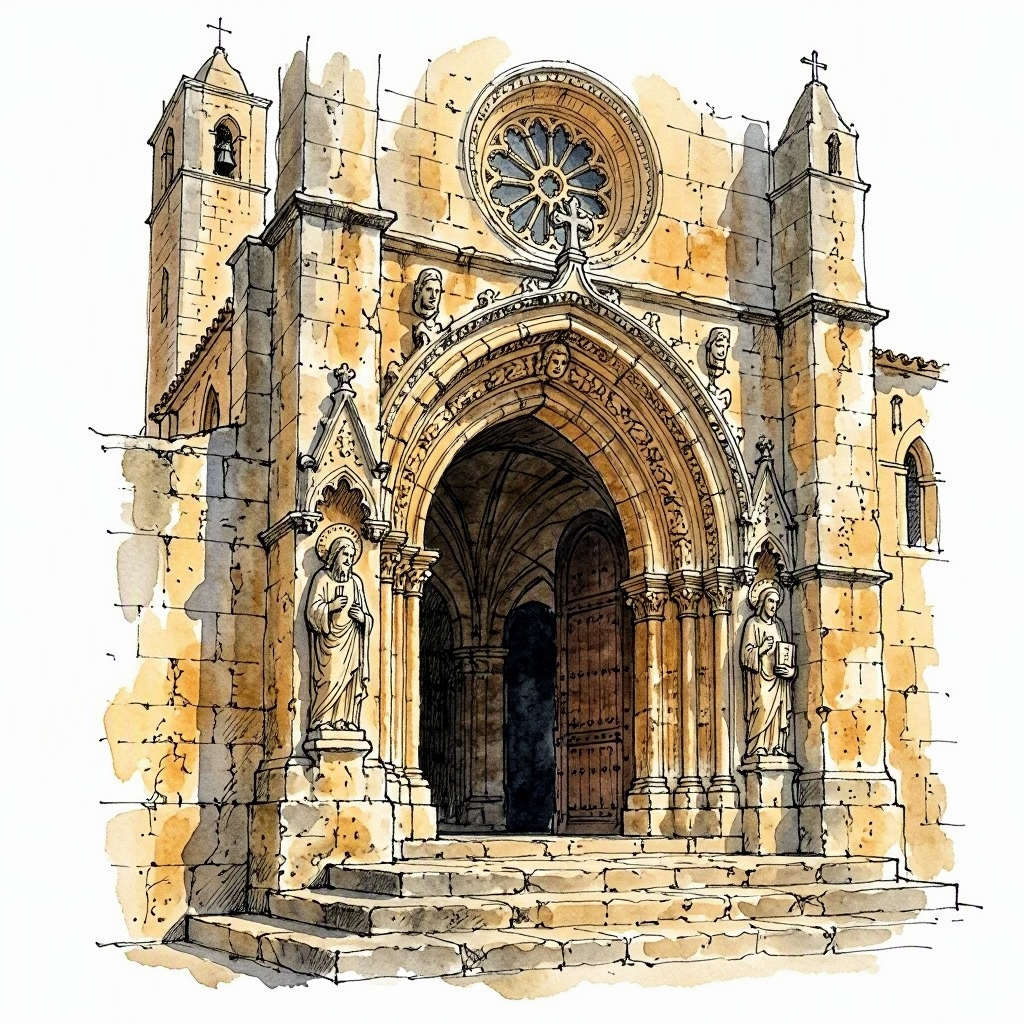 Ink drawing of the Gothic portal of Évora Cathedral