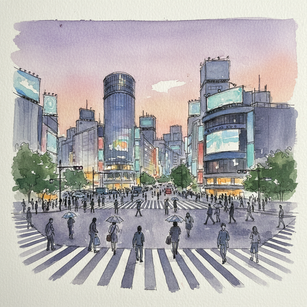 Watercolor sketch of Shibuya Crossing at dusk, pedestrians crossing the scramble intersection as neon lights begin to glow
