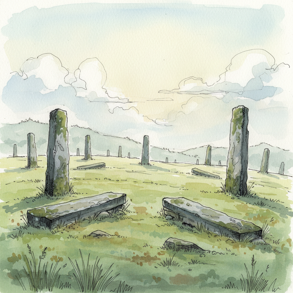 A misty field of ancient standing stones on a Meghalaya hillside, watercolour and ink
