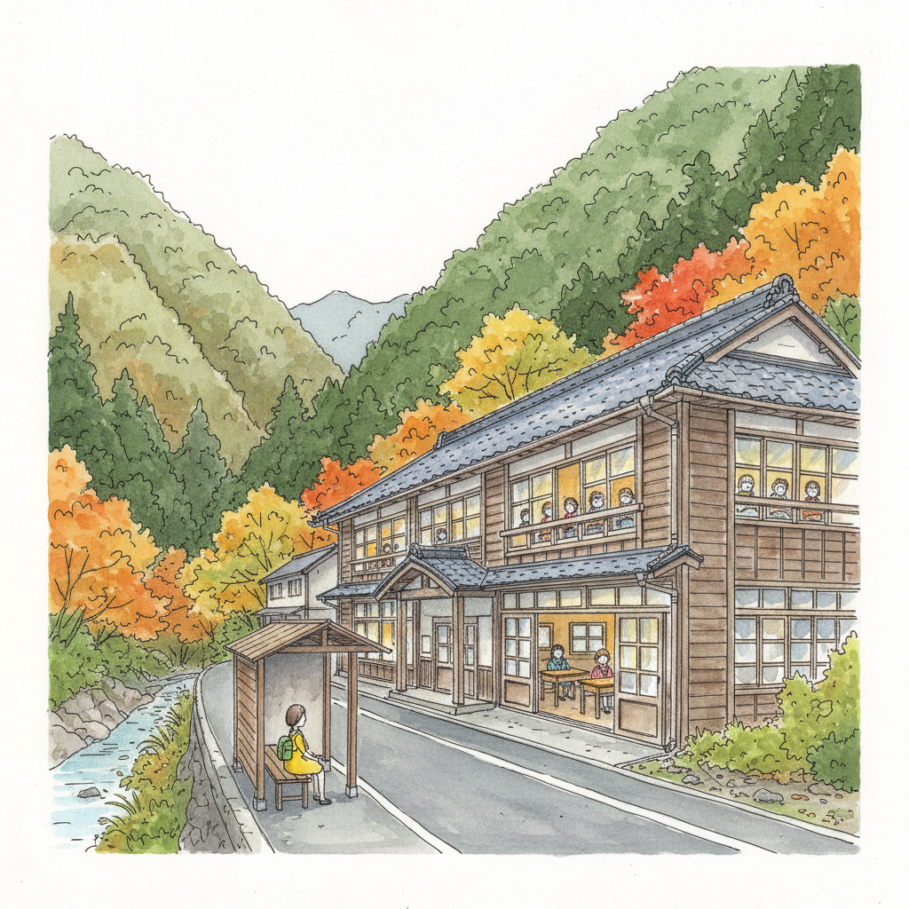 A watercolor of the Nagoro schoolhouse in Iya Valley, with autumn colour beginning on the slopes and one doll figure at the bus stop.