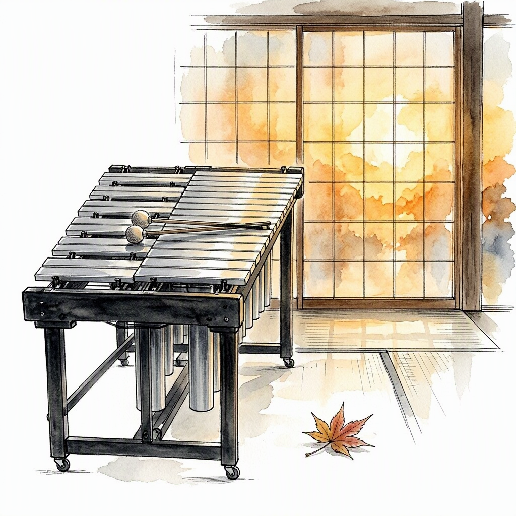 Ink vignette of a vibraphone in a tatami room with shoji screen and amber evening light.