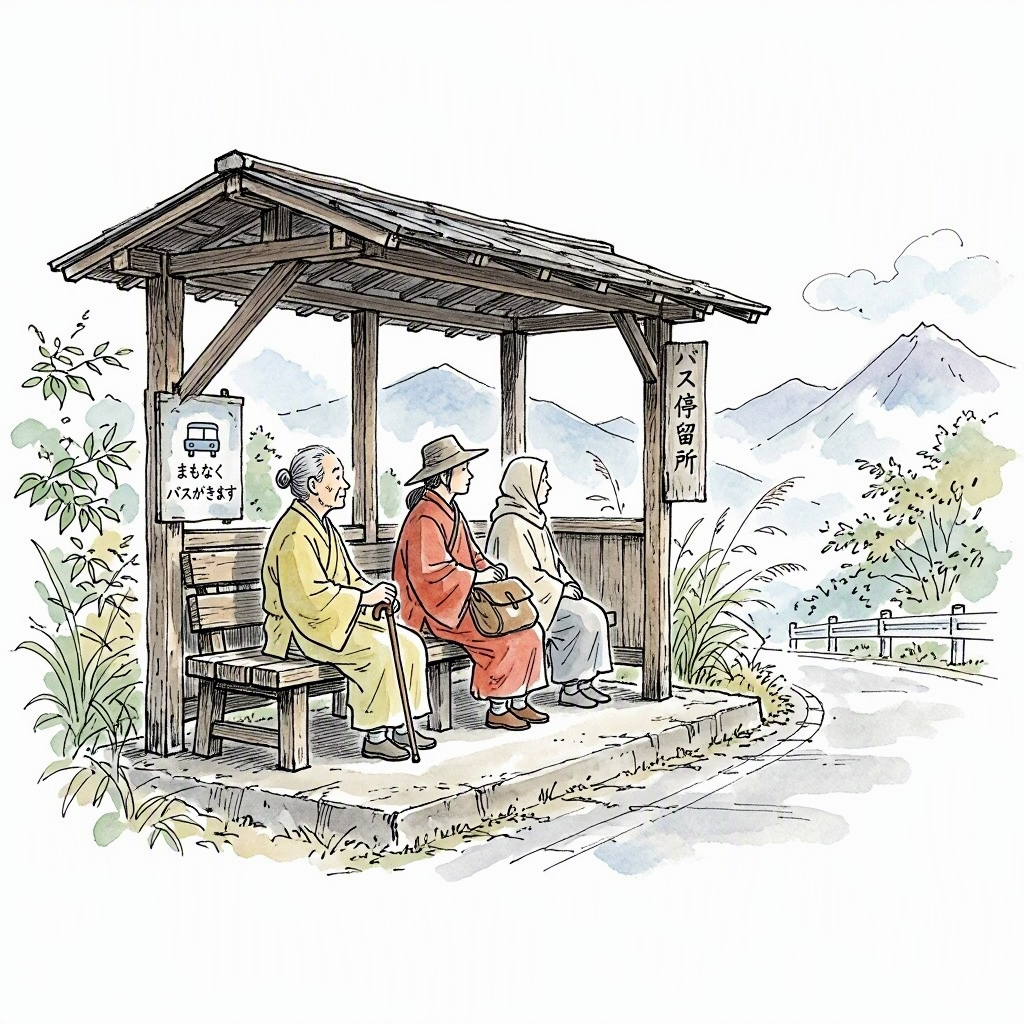 Ink vignette of figures at a rural bus stop in a mountain valley.