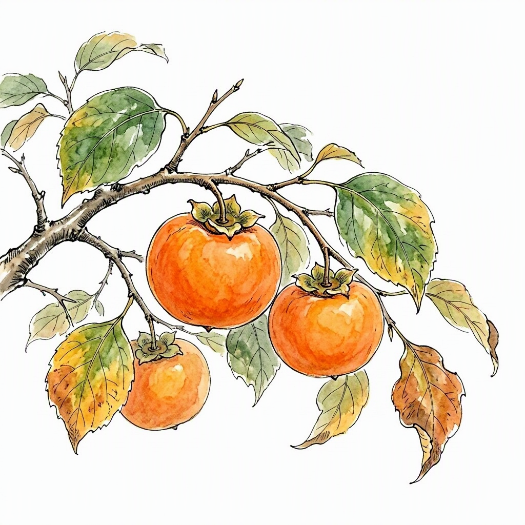 Ink vignette of persimmons on a branch.