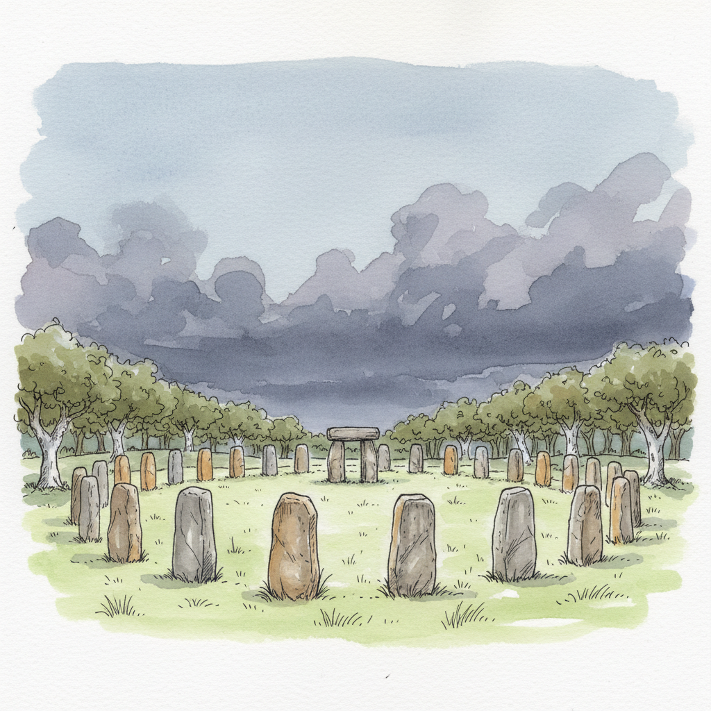 Watercolour of the Almendres Cromlech Neolithic stone circle with granite menhirs under a storm-building sky