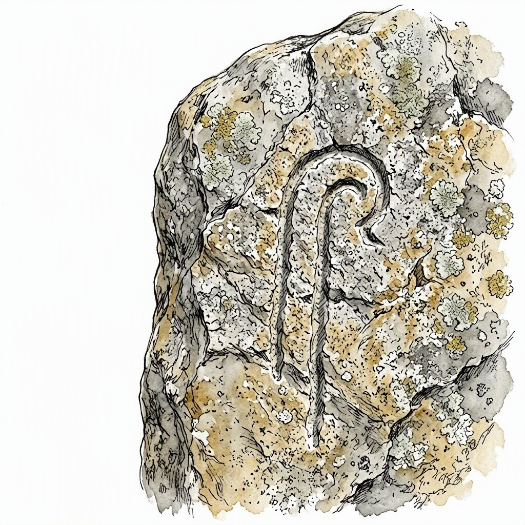 Ink and watercolour of an engraved crosier pattern on Almendres menhir number 56