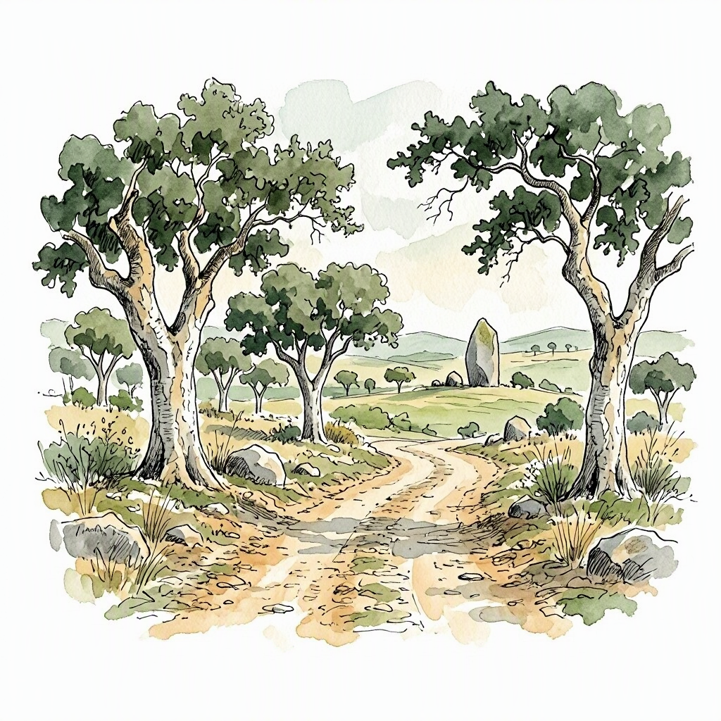 Ink and watercolour of a dirt track through cork oaks approaching the Almendres Cromlech