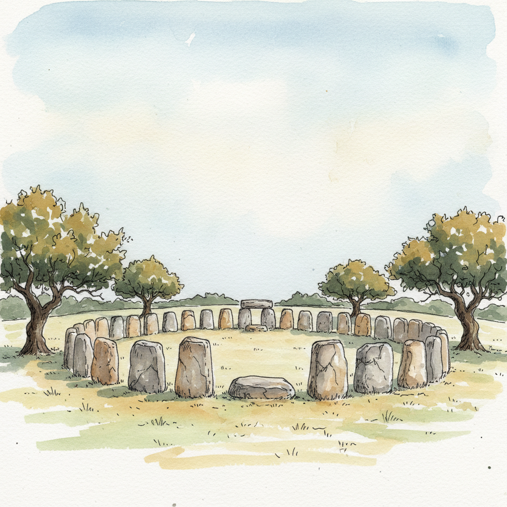 Watercolour of the Almendres Cromlech stone circle in the Alentejo landscape