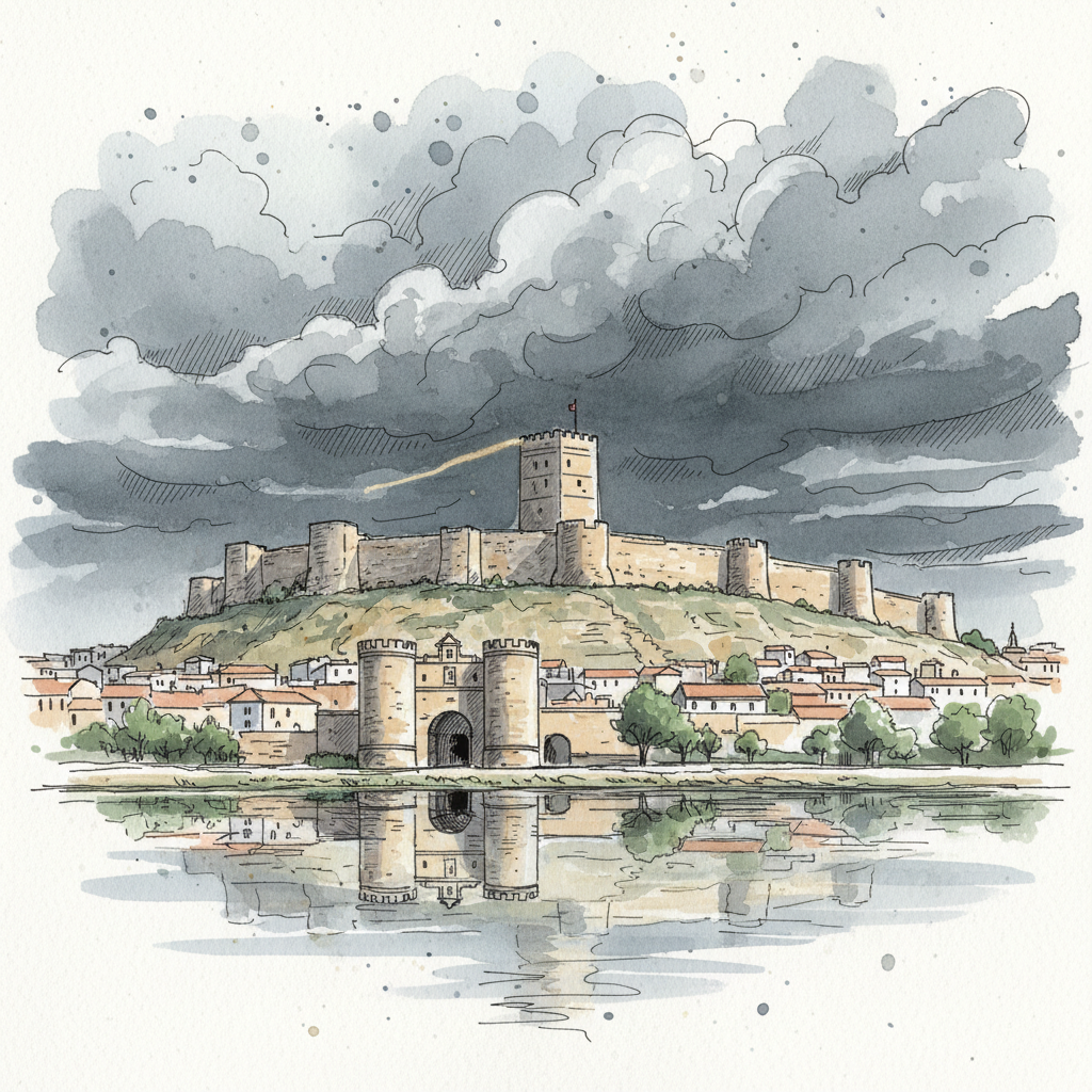 Watercolour of the Badajoz Alcazaba with the Torre de Espantaperros against a storm sky, seen across the Guadiana River with the Puerta de Palmas in the foreground.