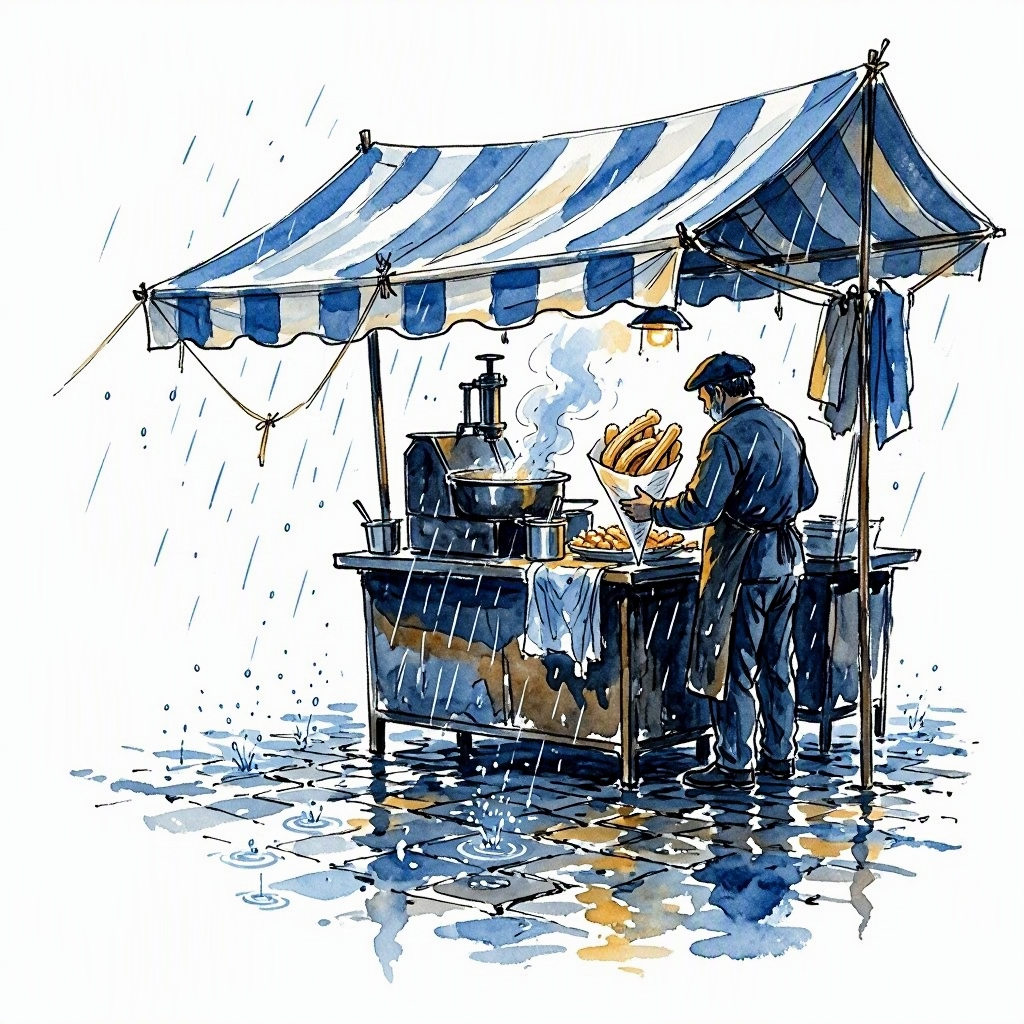 Ink and wash vignette of a churro stall under a striped awning at Badajoz's Sunday market, with the first raindrops falling.