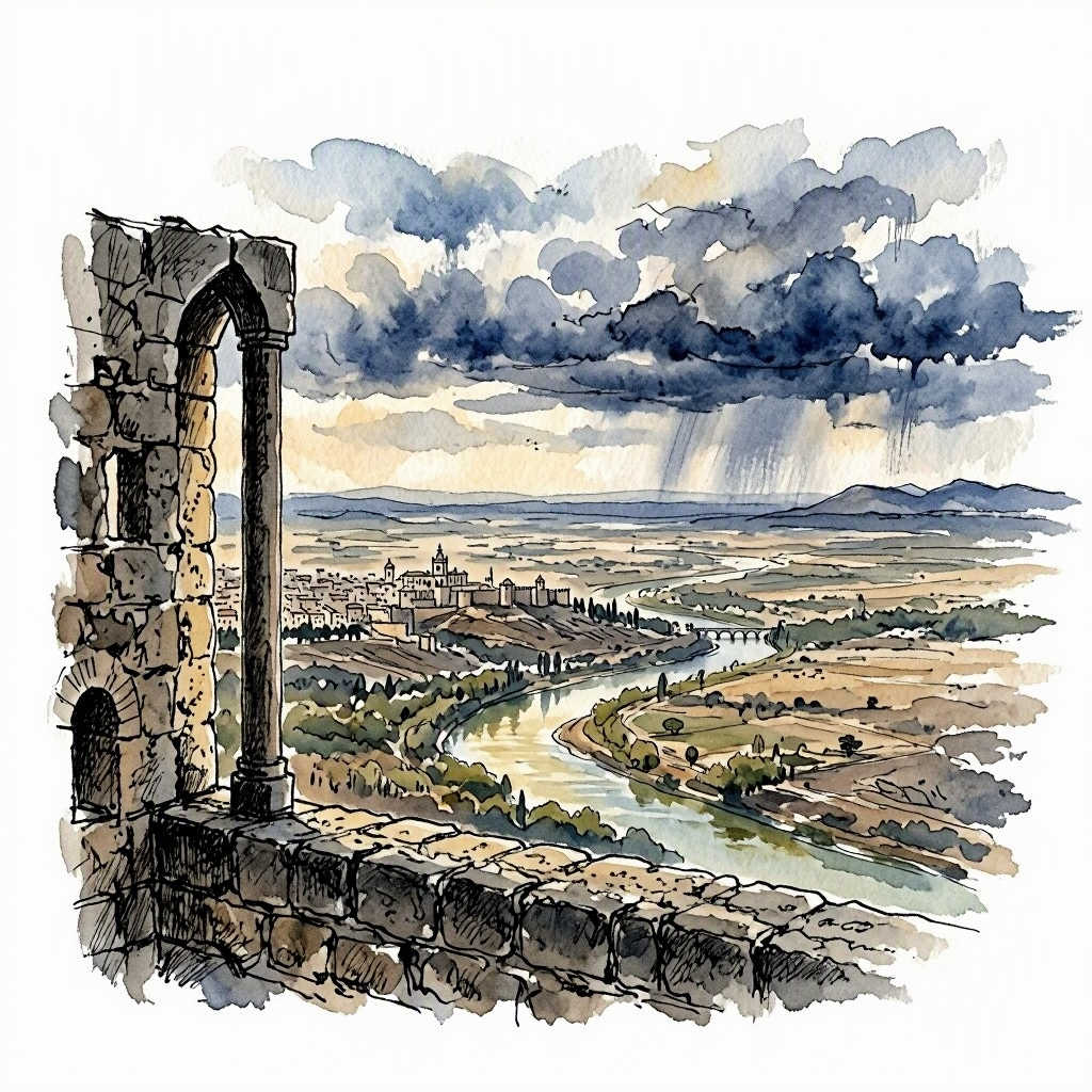 Ink and wash vignette of the view from the Torre de Espantaperros in Badajoz, looking across the Guadiana valley toward an approaching storm.