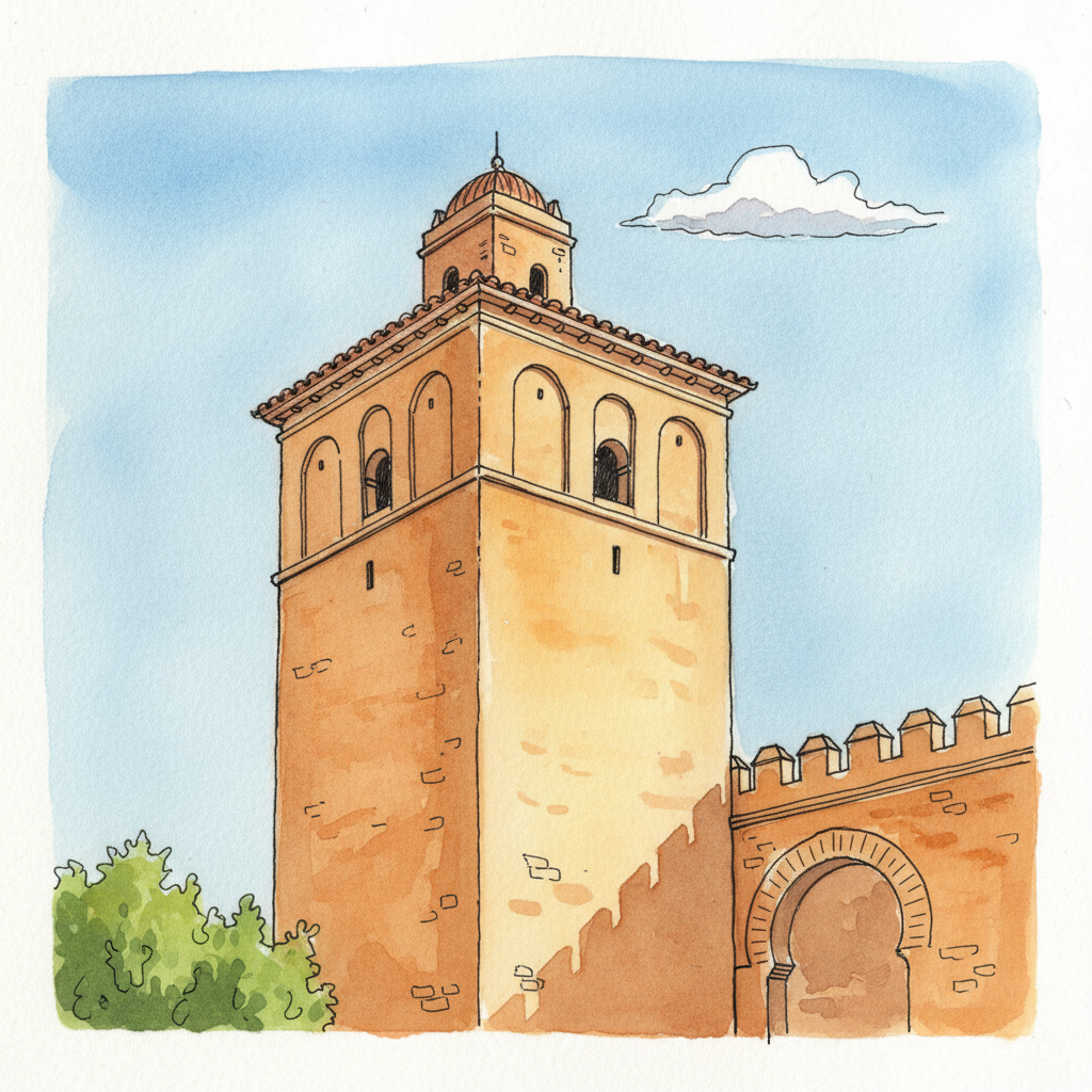Watercolour of the Torre de Espantaperros at the Badajoz Alcazaba, looking up from the plaza.