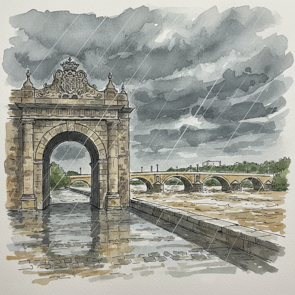 A watercolour sketch of Puerta de Palmas gate in Badajoz under a rainstorm, with the Guadiana river and Palmas Bridge visible through the rain.