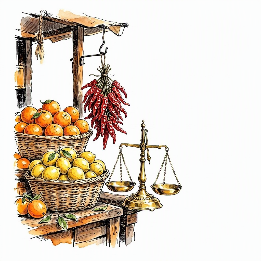 A small ink drawing of a market fruit stall with oranges, dried peppers, and a brass scale.