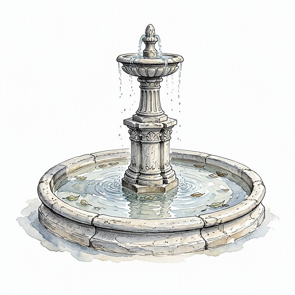 A small ink drawing of a tiered stone fountain in Plaza de Cervantes, Badajoz.