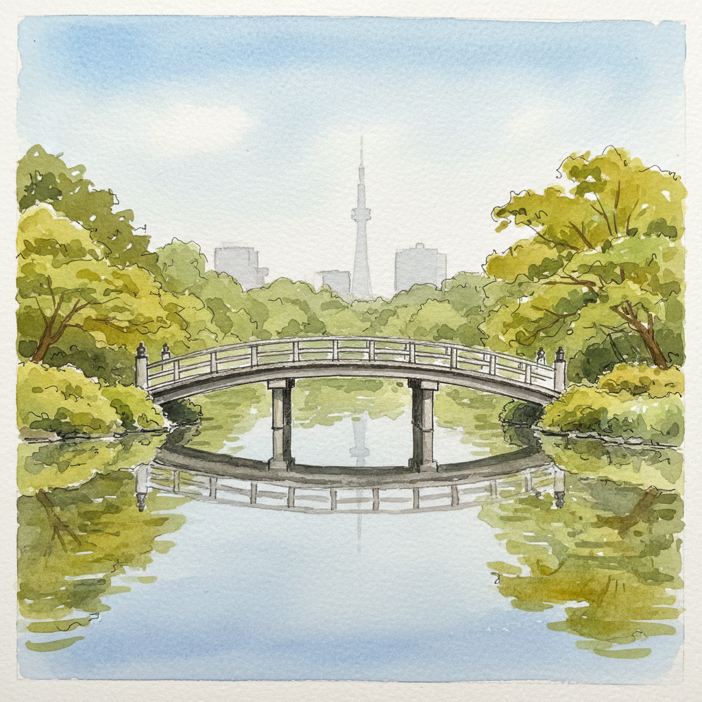 A loose watercolor sketch of a wooden footbridge crossing a pond in Shinjuku Gyoen, with the NTT DoCoMo Yoyogi Building rising behind the treeline — the garden's green stillness against Tokyo's skyline